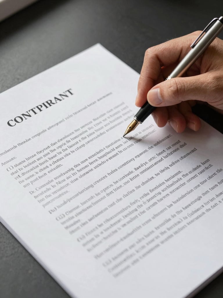 Extreme close-up overhead flatlay of an open contract document on a dark desk, a hand at rest holding a fountain pen poised above a clause, north-facing window light raking across the page, crisp detail visible on printed text