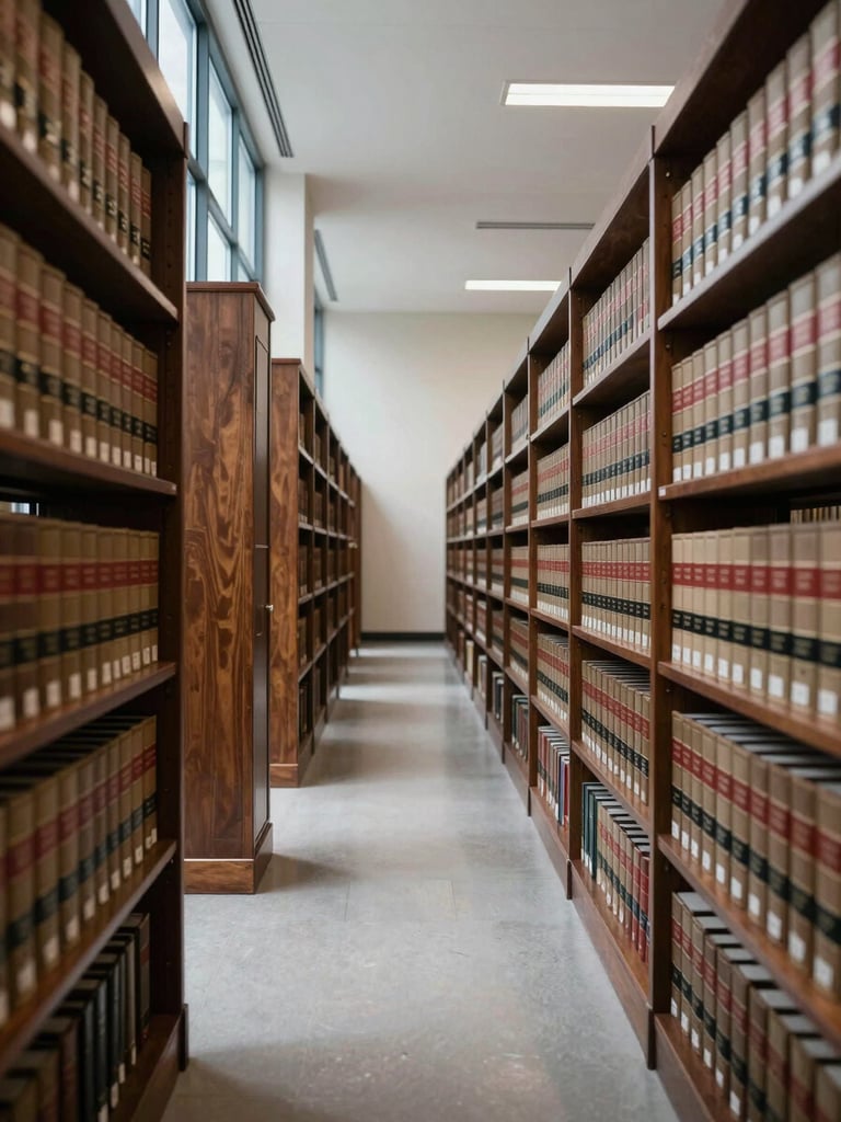 Wide environmental shot of an empty law library corridor, tall dark wood shelves lined with bound legal volumes receding into distance, cool north-facing window light entering from the left, minimal and ordered, no people