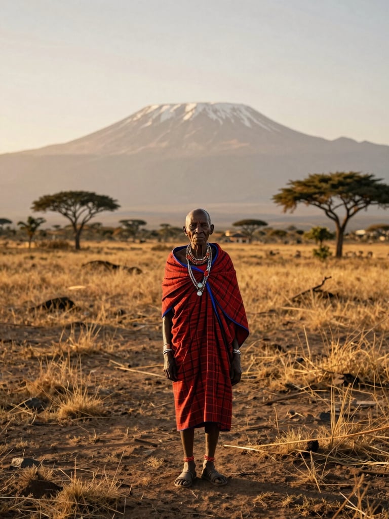 Wide-angle portrait of a Maasai elder standing in the Amboseli savanna, Mount Kilimanjaro silhouette in the far background, golden-hour light, warm editorial photography, rich earthy tones, 35mm film texture.