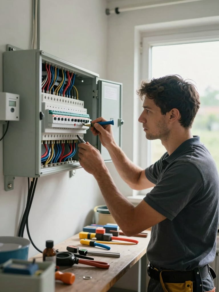 Wide environmental shot: an electrician at a residential fuse panel, focused gaze on the wiring, natural window light from the right side illuminating his hands and tools, workshop tools and cables in the mid-ground, real working-site atmosphere