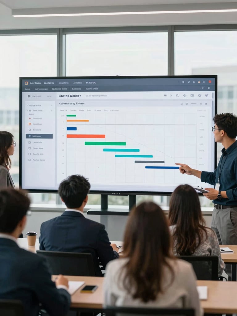 Clean, modern office setting with a diverse team collaborating around a large digital dashboard displaying project analytics and Gantt charts, natural daylight, professional corporate realism, 35mm lens