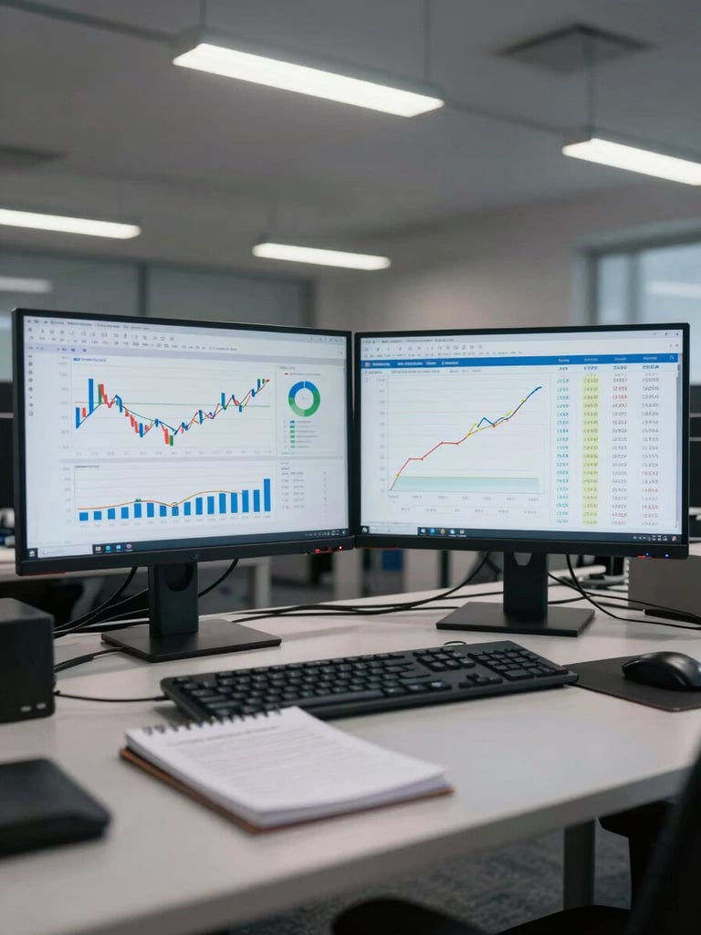 Wide-angle view of a dual-monitor workstation displaying cash flow projection charts and variance tables, cool fluorescent office light, no people, organized cables and a closed notebook beside the monitors
