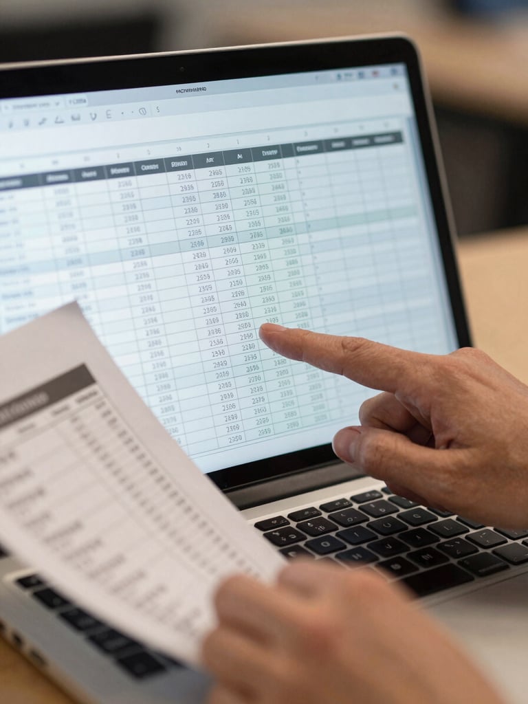 Close-up of hands reviewing a detailed cost breakdown spreadsheet on a laptop screen, cool overhead office light, a printed page with cost line items visible beside the keyboard, precise and clinical framing