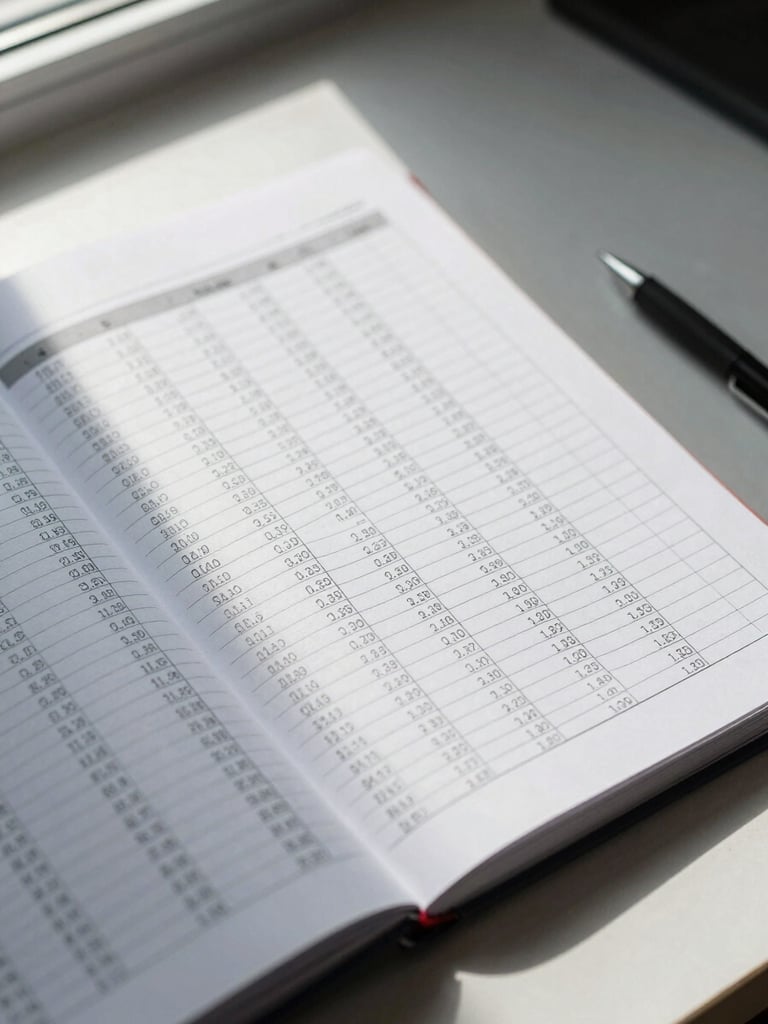 Overhead close-up of an open financial ledger on a clean desk, columns of printed figures visible under cool window light, a mechanical pencil resting at the margin, no people, high contrast, documentary framing
