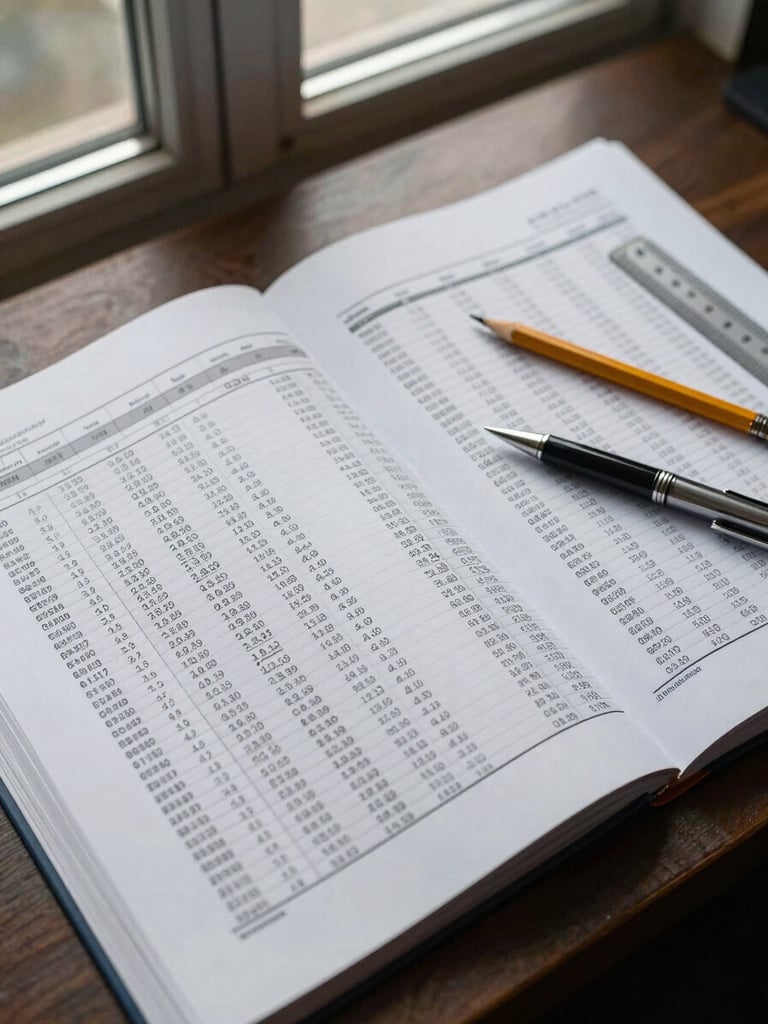 Overhead study of a structured financial ledger open on a wide desk, columns of figures annotated in pencil, cool daylight from a high window, a ruler and pen resting on the page, no people, precise and organized