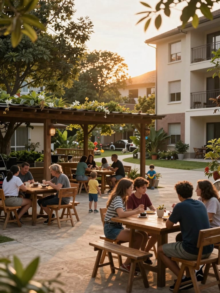 Wide environmental shot of a communal outdoor area in a residential complex — several families gathered at wooden tables under a pergola, children playing nearby, golden afternoon light filtering through trees, relaxed and genuine domestic scene
