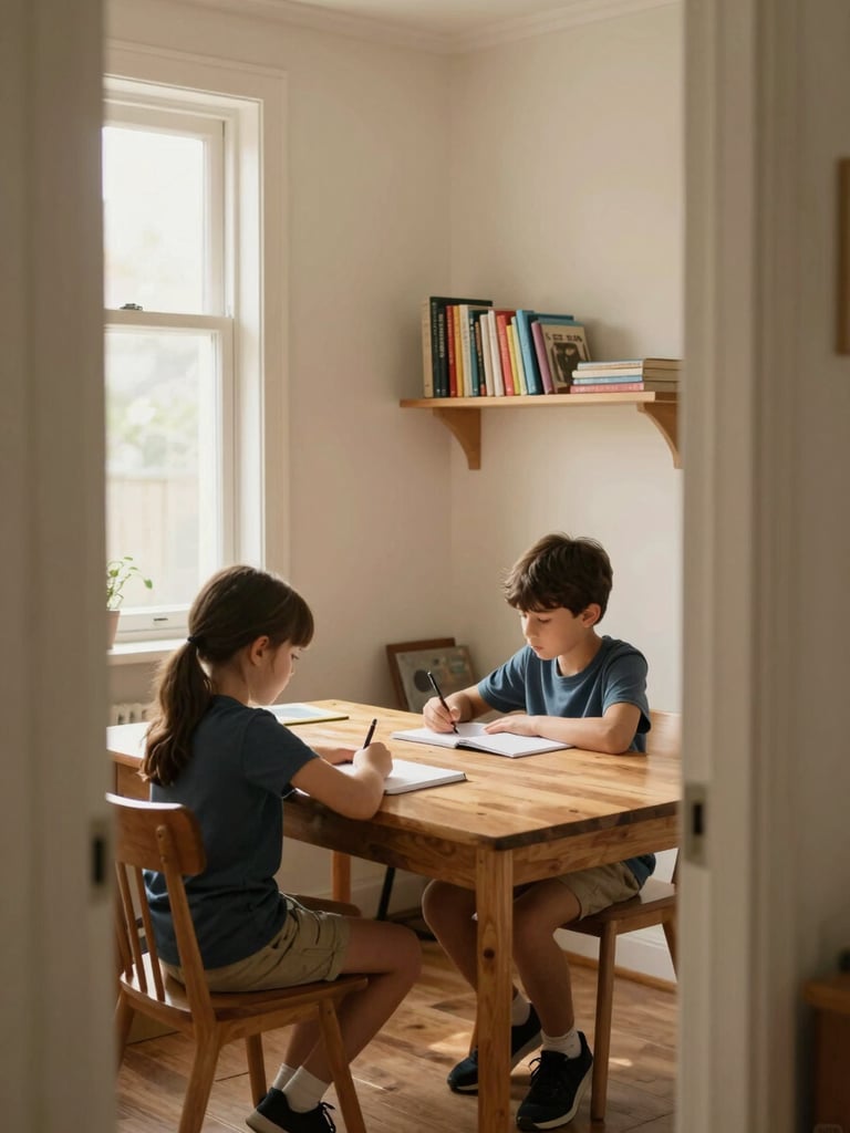 Close environmental shot looking into a tidy study room from the doorway, two children seated side by side at a long wooden table, notebooks open, warm morning light entering from a large window on the left, cream walls with a small shelf of colourful books, quiet domestic order