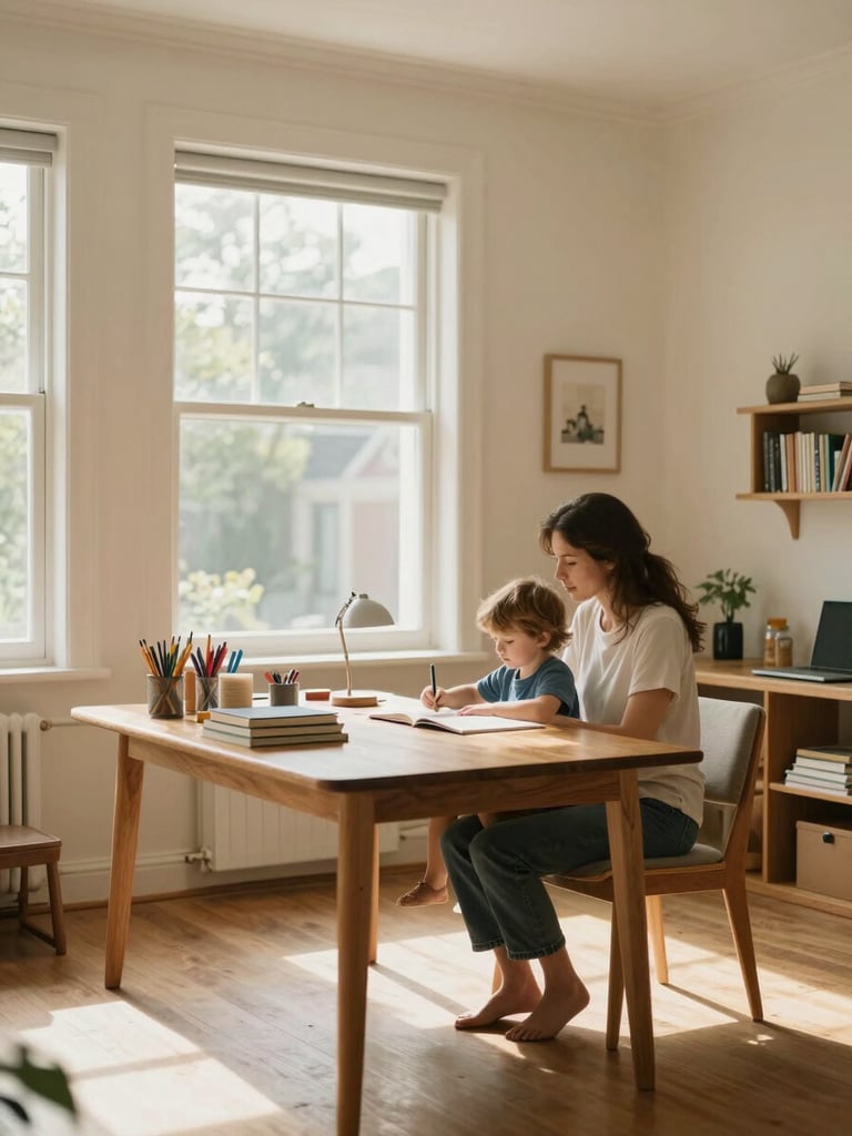 Wide environmental shot inside a bright study room — a mother sitting beside her young child at a wooden table, natural north-facing daylight streaming through a large window, books and stationery visible, warm cream walls, genuine domestic calm, eye-level framing