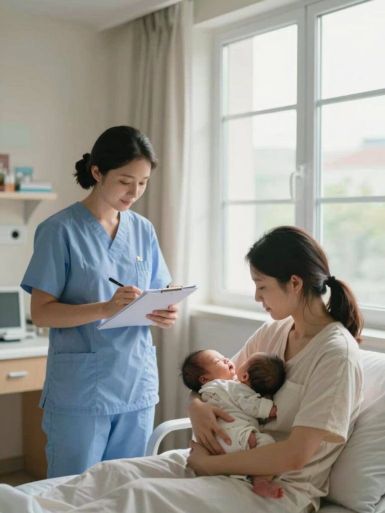 Wide environmental shot inside a bright midwifery room, a midwife calmly reviewing notes beside a young mother seated with her newborn, soft north-facing daylight through a clean window, warm domestic light, clinical but unhurried atmosphere