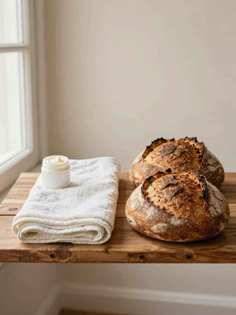 Overhead flat-lay on a worn oak shelf: two round sourdough loaves with cracked golden crusts beside a neatly folded muslin baby wrap and a small jar of nursing cream, soft north-facing window light from the left, warm cream background, no hands visible, quiet domestic stillness