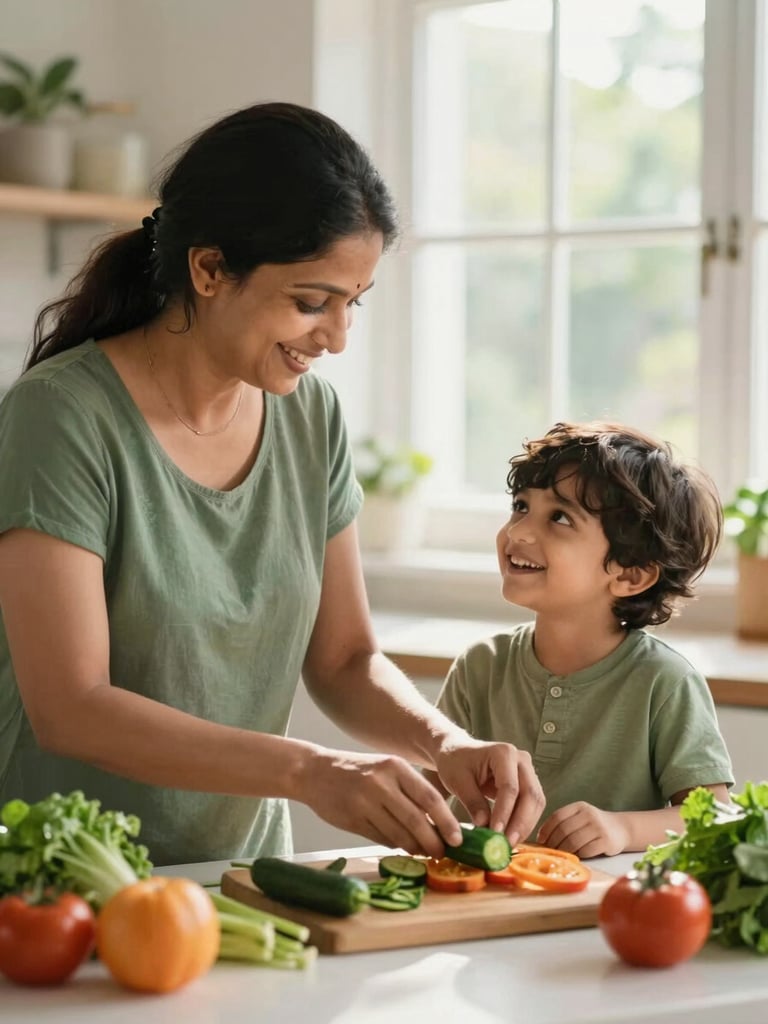 Warm environmental shot of an Indian mother and child laughing in a bright, sunlit kitchen, preparing fresh vegetables, soft natural morning window light, shallow depth of field