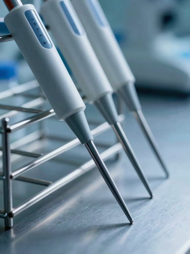 Macro close-up of high-precision calibrated laboratory pipettes arranged in a sterile metal rack, cool clinical blue lighting, sharp shadows.