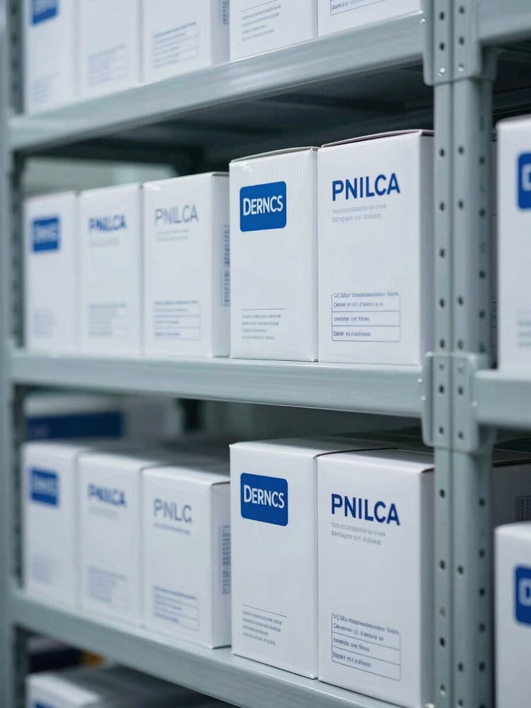Macro shot of organized scientific warehouse logistics, batch-certified boxes stacked on clean metal shelving under clinical cool white light