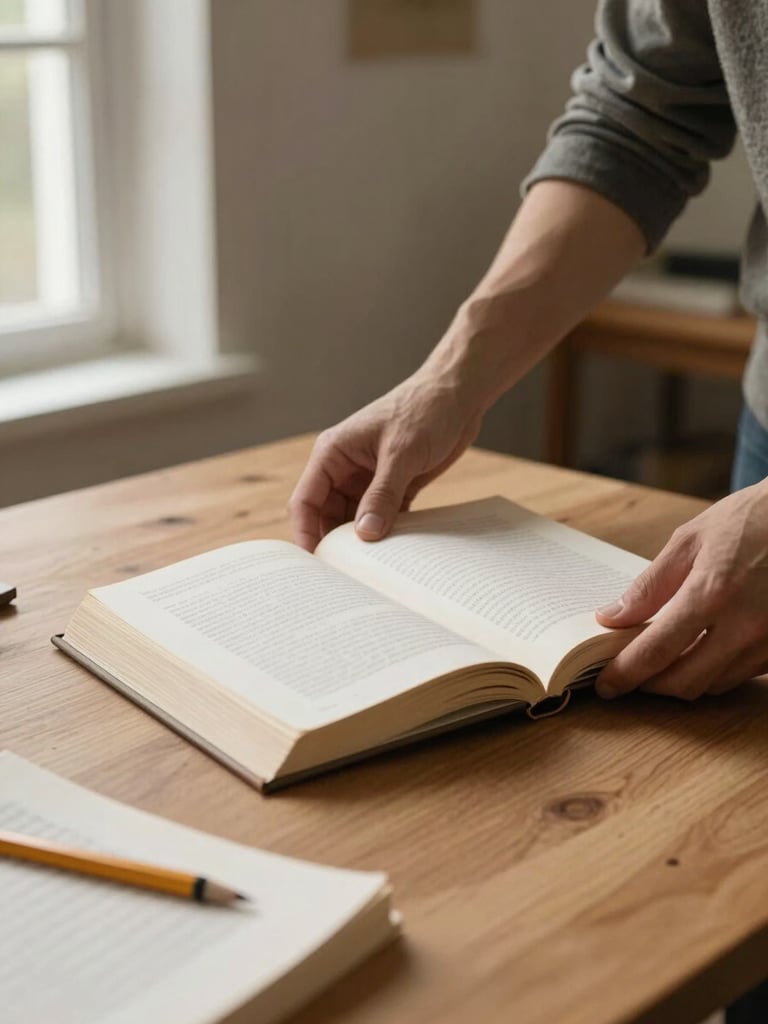 Hands arranging open book pages on a wide oak desk in a quiet studio, north-facing window light from the left, a pencil and printed manuscript visible at the edge of frame, warm beige and cream tones, deliberate and unhurried composition