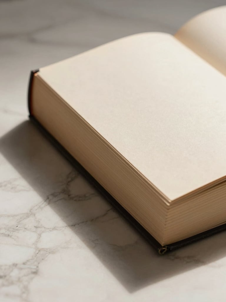 Close-up of a hardcover book resting on a marble surface in a design studio, spine and cover detail sharp, studio strobe lighting from left casting a precise shadow, warm beige and cream tones, 40% of frame open negative space to the right