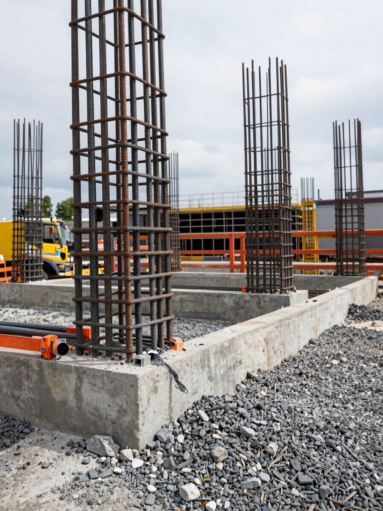 Heavy concrete foundation being poured around steel reinforcement rebars on an industrial jobsite, overcast daylight, gritty texture