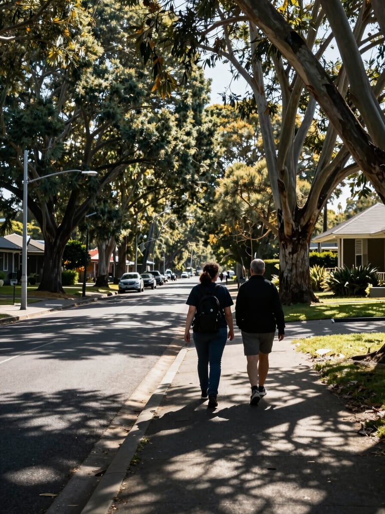 Wide shot of a tree-lined Melbourne suburban street at mid-morning, a support worker walking beside a participant on the footpath, shot from behind at distance, dappled natural light through eucalyptus canopy, no faces visible, candid and unhurried