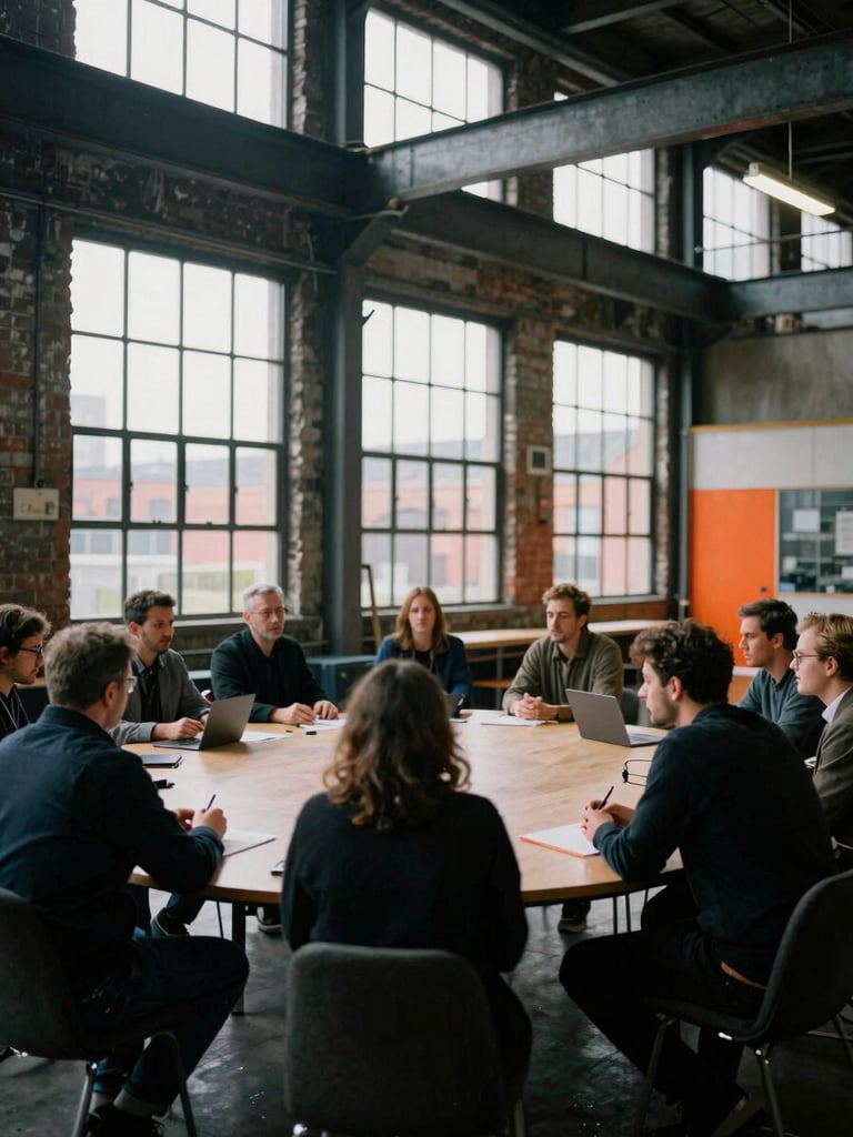 Gritty editorial shot of a collaborative strategy workshop in a Salford warehouse conversion, natural overcast light through large windows, industrial steel beams, desaturated cool tones with sharp orange accents, 35mm film grain.