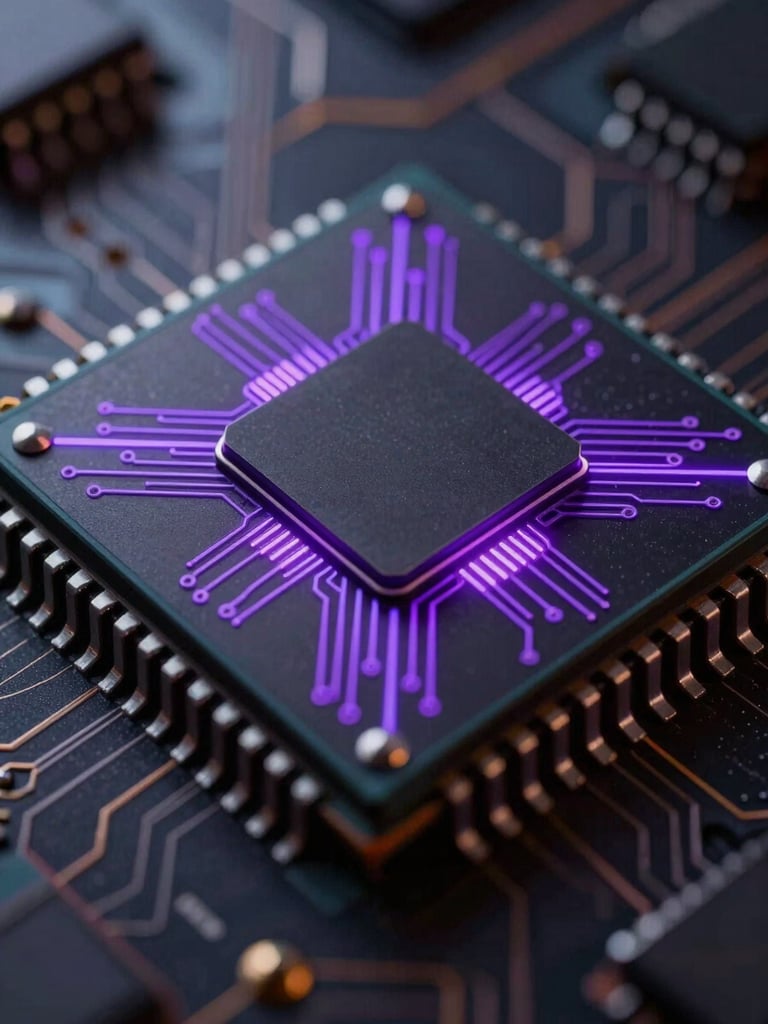 Extreme macro shot of a silicon microchip, razor-sharp geometric circuits glowing with single-source electric purple backlighting, deep chiaroscuro shadows, high-contrast futuristic technology.