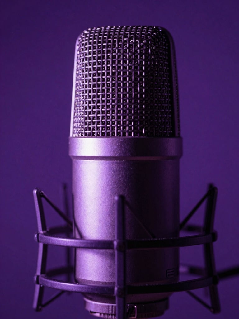 Extreme close-up of a high-end studio microphone in low-light, illuminated by a single sharp electric purple backlight with deep shadows.