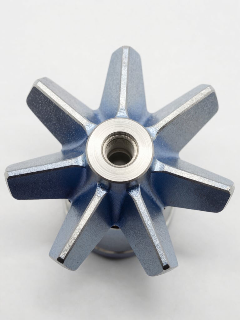 Macro shot of a high-precision machined aluminum impeller, crisp industrial studio lighting, metallic silver and deep blue tones, 35mm