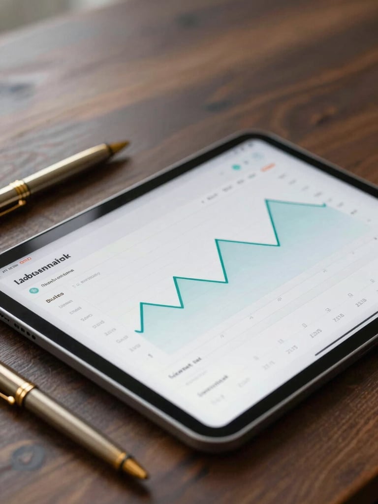 Medium close-up of a modern, clean financial dashboard on a tablet resting on a dark oak desk next to a premium brass pen, soft natural side lighting.