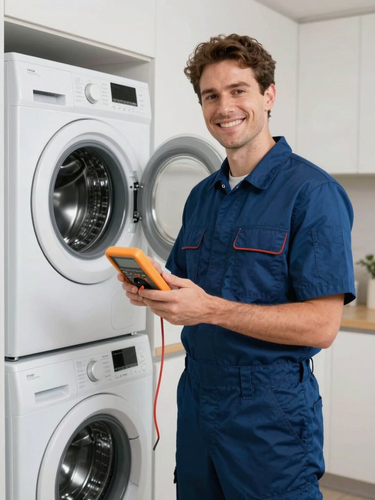 Eye-level portrait of a smiling, uniformed technician holding a digital multimeter, standing in front of a modern washing machine in a well-lit home utility area.