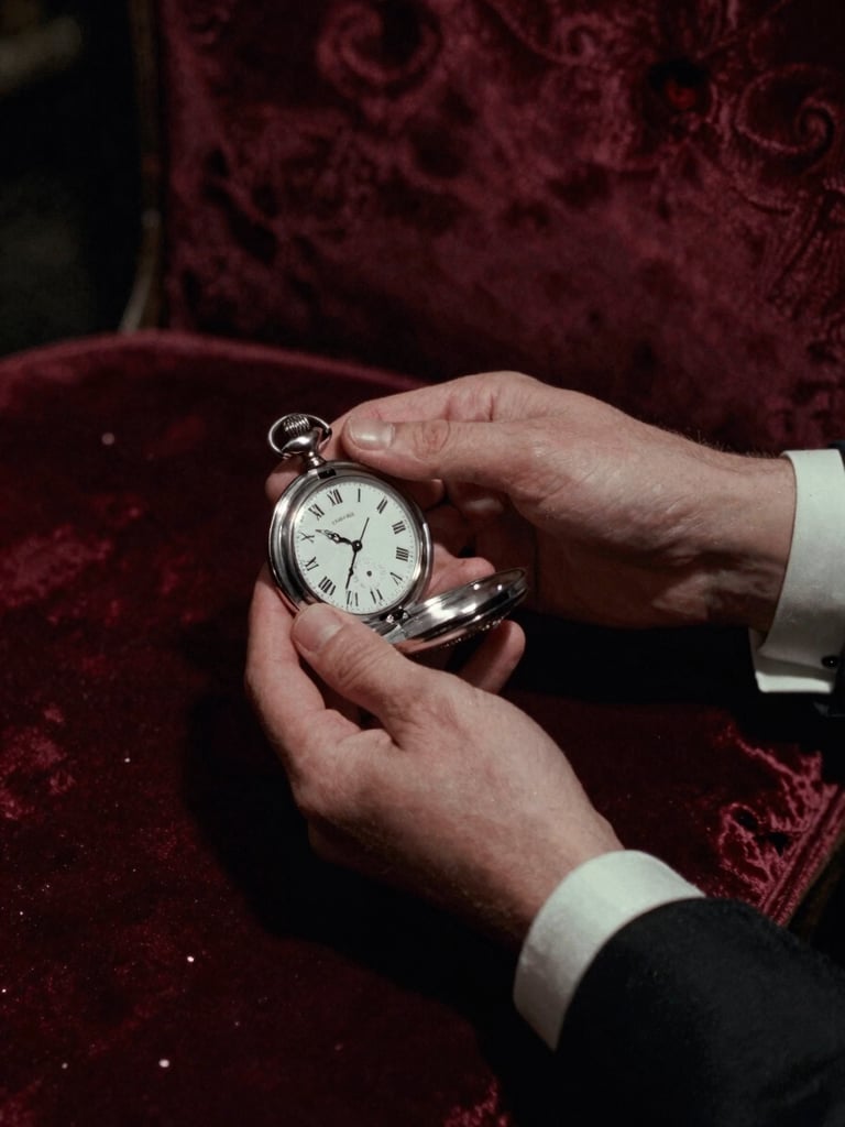 moody 1920s cinematic photography, deep chiaroscuro lighting, desaturated silver tones, 35mm film. A close-up of elegant hands holding a silver pocket watch in a dimly lit velvet room.