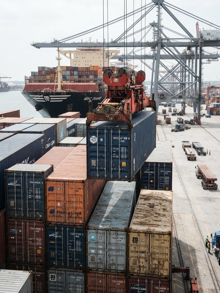 Crisp industrial photography of a massive container ship being loaded at a modern deepwater port, bright neutral daylight, clean desaturated tones, high-detail macro of steel containers