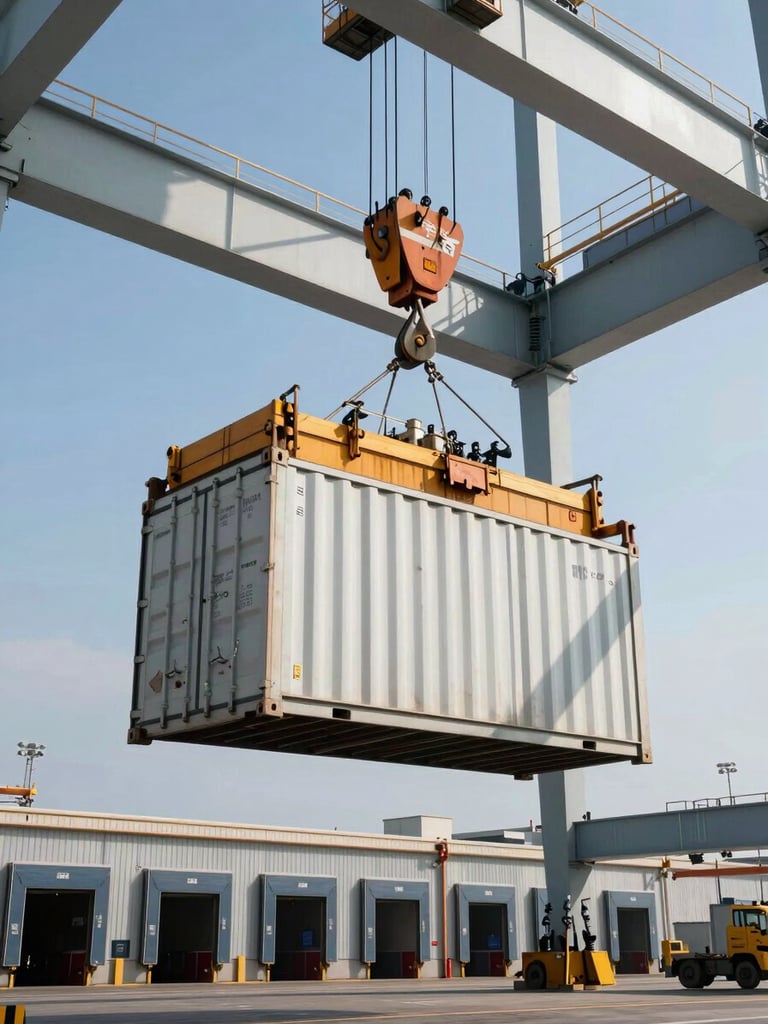 Extreme wide shot of an active port loading dock at hard daylight—a sealed intermodal container suspended mid-air from a crane hook, cable taut, warehouse loading bay ramps visible in the lower frame, geometric steel structure framing the upper half; no people, strict industrial composition, direct overhead sun casting short hard shadows on the container surface.