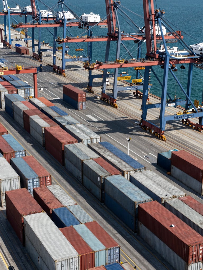 Wide environmental shot from an elevated angle looking down on a container terminal at a major port, rows of steel shipping containers in precise geometric arrangement under hard midday sun, crane arms bisecting the upper frame, deep blue water visible at the dock edge, no people visible
