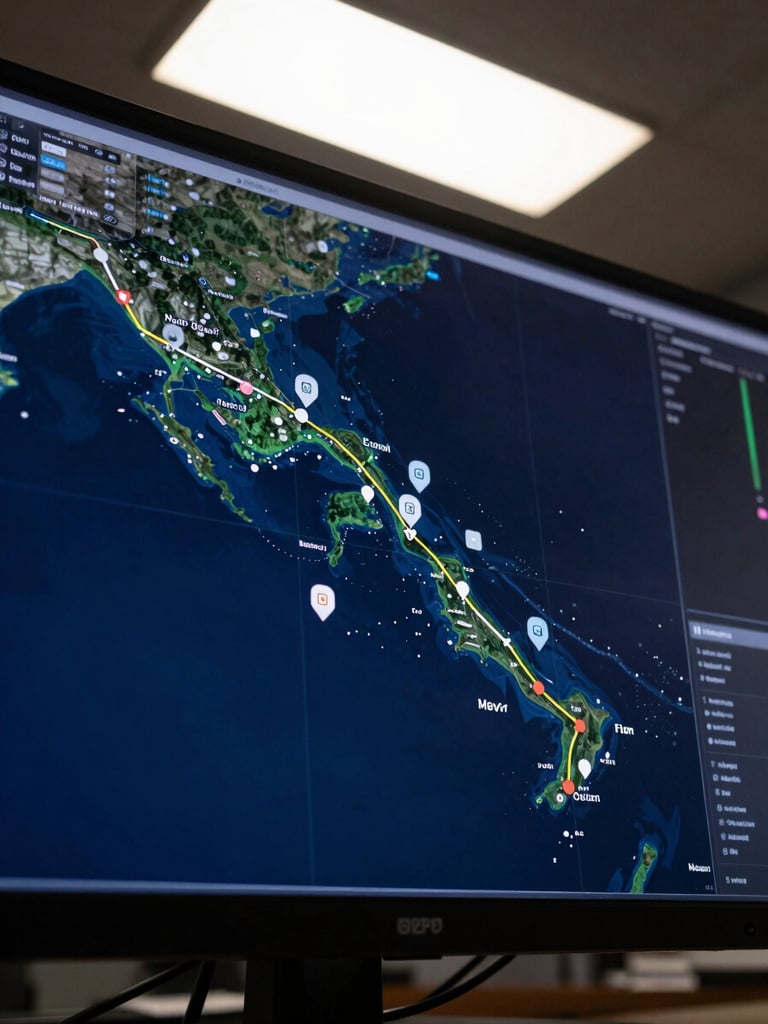 Extreme close-up of a logistics control room tracking display, active GPS route overlay across an archipelago map, multiple shipment pins visible on screen, hard studio strobe lighting from above, geometric screen frame fills the frame edge to edge, deep navy blue ambient glow, no people