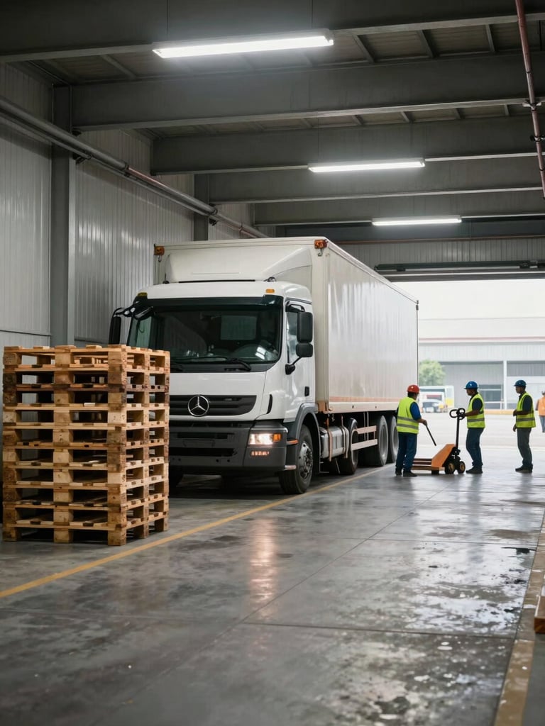 Wide panoramic view from inside a loading dock at a major Java distribution hub — a heavy-duty truck reversed to the bay, cargo pallets stacked in the foreground under hard warehouse fluorescent light, dock workers in high-visibility vests moving a pallet jack to the right third of the frame; sharp direct lighting, geometric concrete floor lines leading into depth, no faces visible