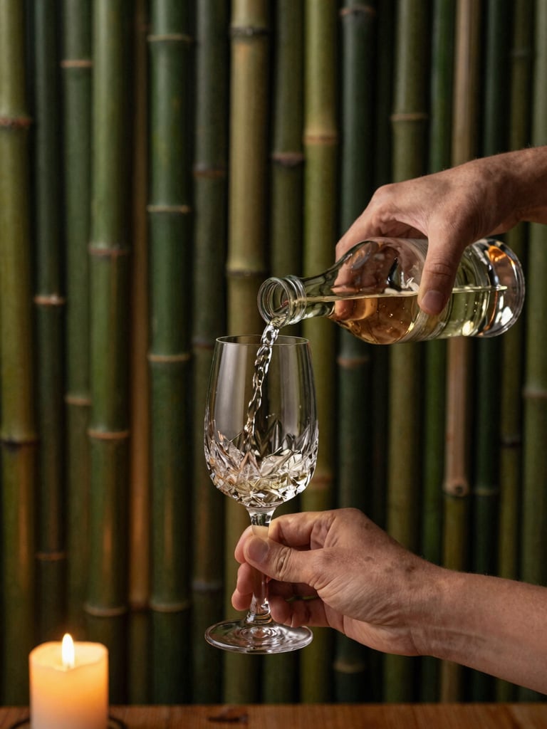 Hands pouring delicate white wine into a crystal glass, warm candlelit evening mood, bamboo screen background, moody editorial style, 50mm