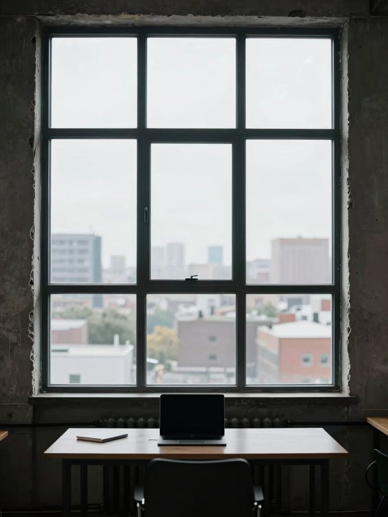 Panoramic view through a coworking space's large industrial window, camera positioned just inside looking outward, a single desk with a laptop and notepad in the foreground silhouetted against cool midday city light, concrete window reveal framing the shot, no people visible