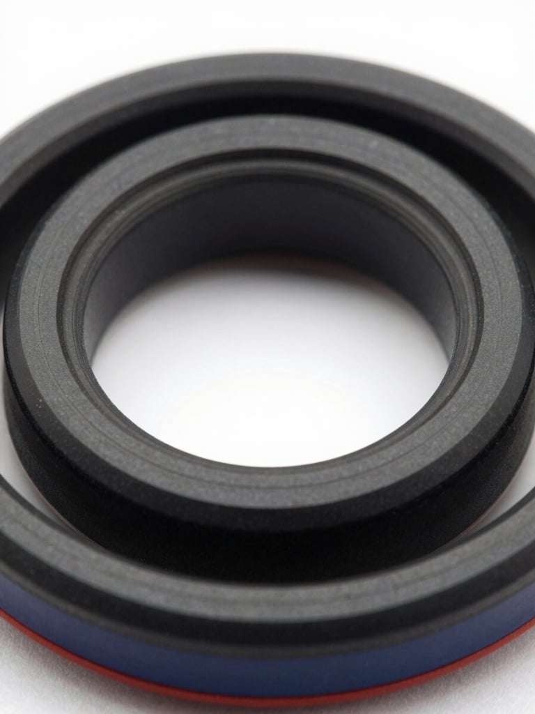Close-up of a high-precision black rubber O-ring being inspected under bright studio light, highlighting the smooth texture and perfect circular geometry