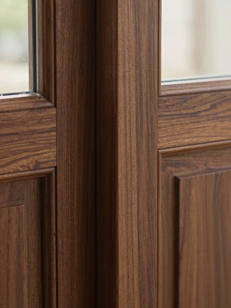 Close-up of a perfectly aligned wood joint in dark walnut, soft natural window light, showing the rich grain texture and flawless finish, 35mm lens