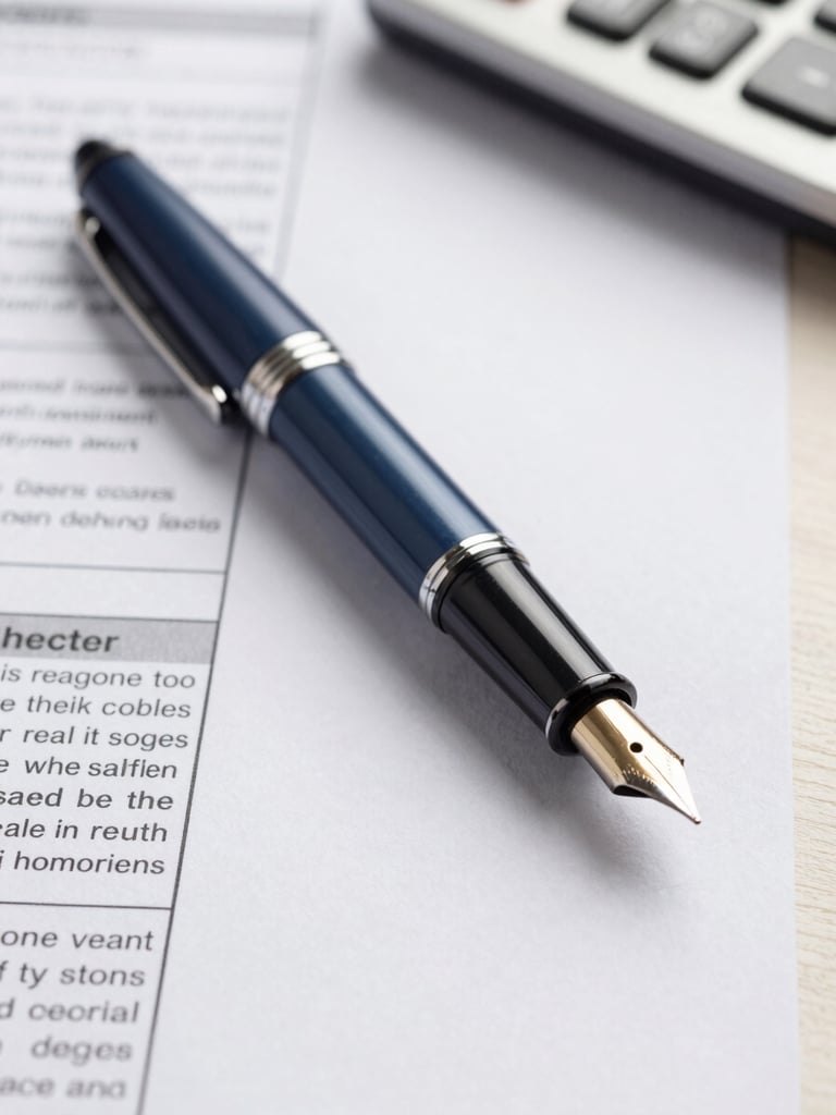 Close-up of a fountain pen resting on structured legal tax documents, soft side lighting, professional corporate setting, 35mm lens