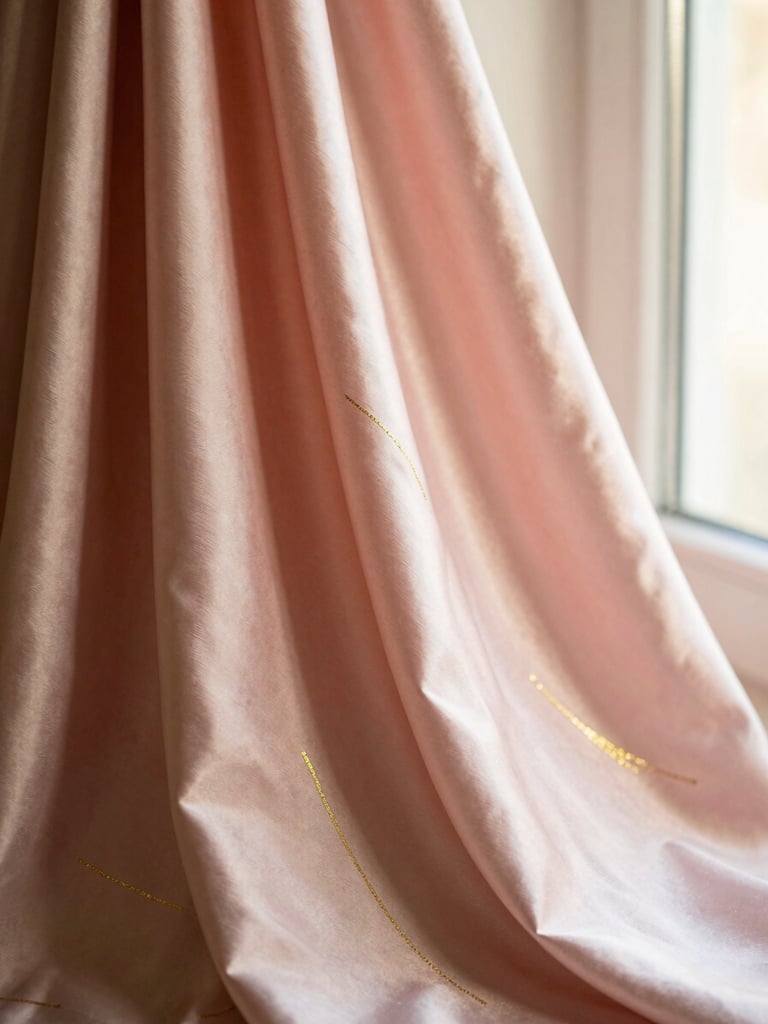 Close-up of elegant pink silk fabric and golden threads draped softly under warm window light, editorial fashion photography