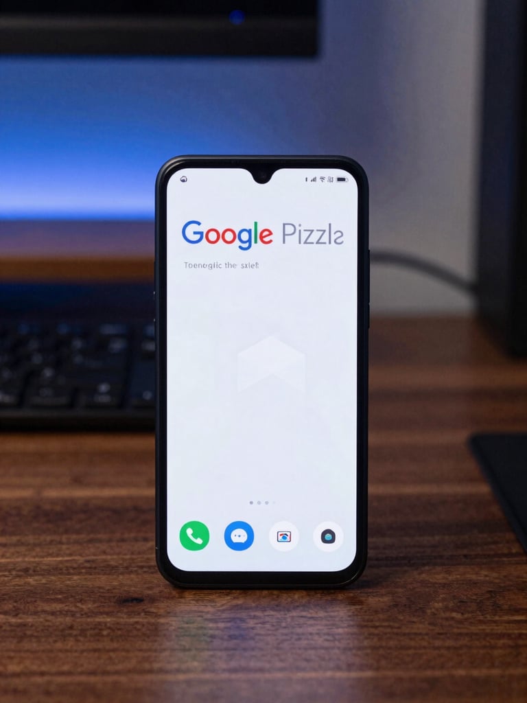 Orthographic straight-on shot of a Google Pixel phone displaying a minimalist text-based launcher interface on a dark wooden developer desk under cool-toned studio lighting.
