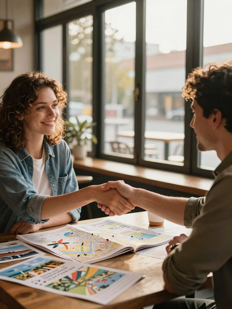 A travel brand rep and a creator shaking hands across a café table covered in destination research, a map open between them, warm golden-hour light through tall windows behind them