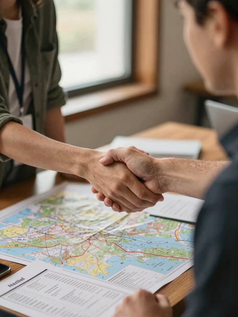 Close-up of a travel creator and a hotel brand rep shaking hands across a planning table covered in destination maps and printed itinerary sheets, warm afternoon window light, genuine warmth in the moment, slightly shallow depth of field