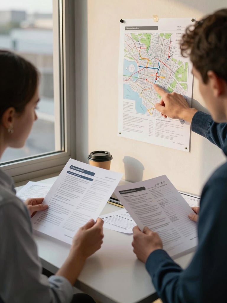 Two people reviewing printed brand briefs at a window-lit table, one pointing at a map pinned to the wall, afternoon golden light, coffee cups and travel documents visible, editorial documentary framing