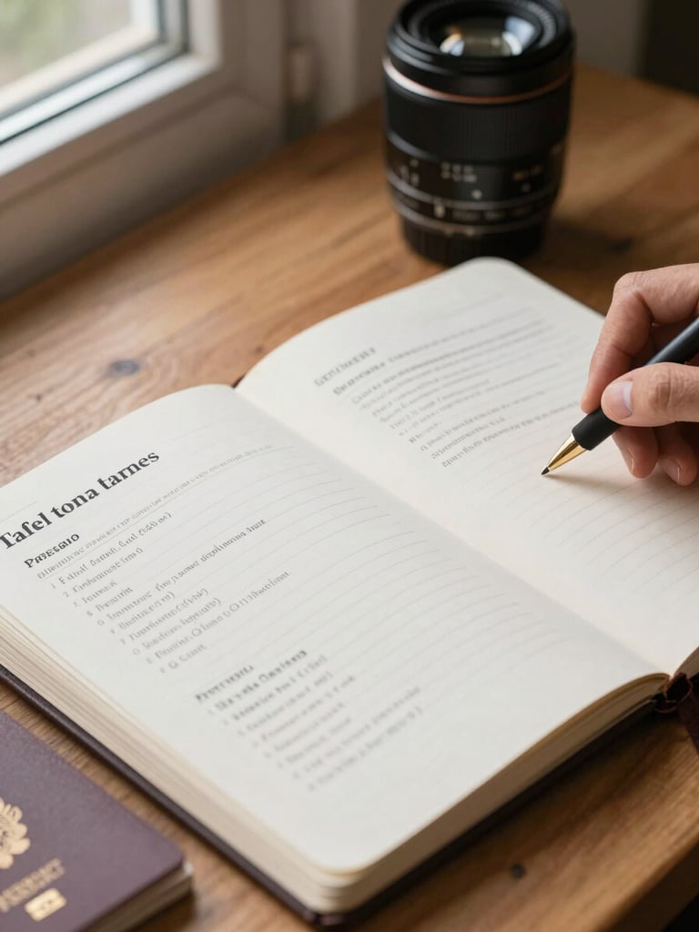 Close-up of a travel creator's open notebook beside a printed destination brief on a wooden table, natural window light from the left, a worn passport visible at the edge of the frame
