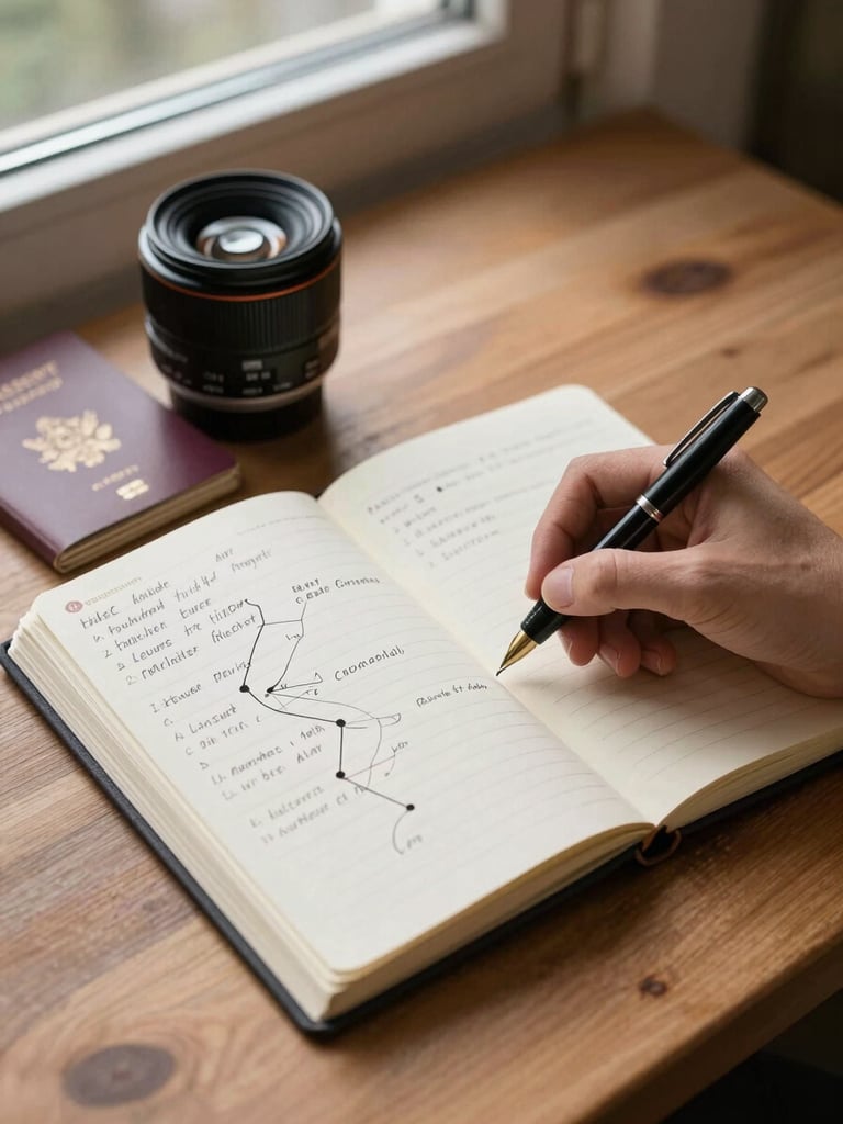 Close environmental frame of a travel creator's open journal beside a worn passport and handwritten route notes on a wooden table, north-facing window light casting soft shadows, ink pen resting mid-page