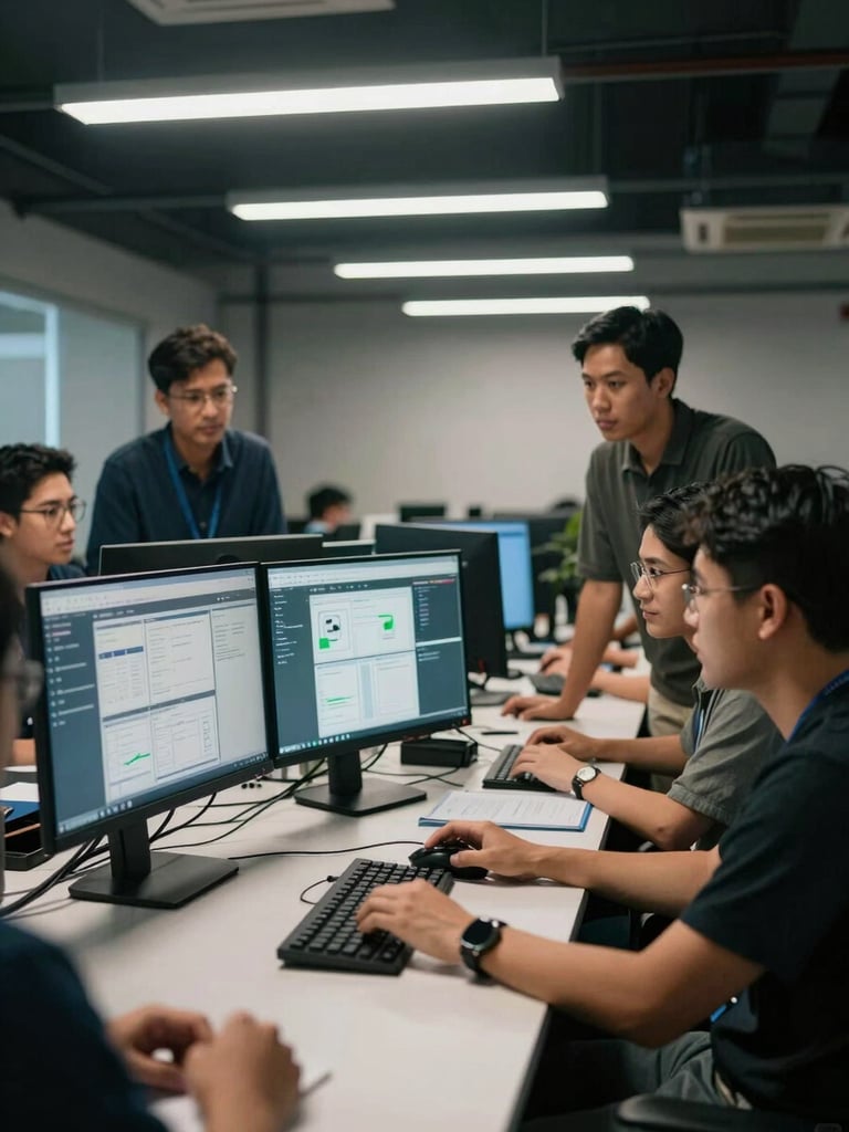Wide shot of a Philippine tech team gathered around dual monitors in a dim office, screens showing live automation dashboards, cool overhead fluorescent light casting sharp shadows on keyboards and faces mid-discussion, no staged smiles