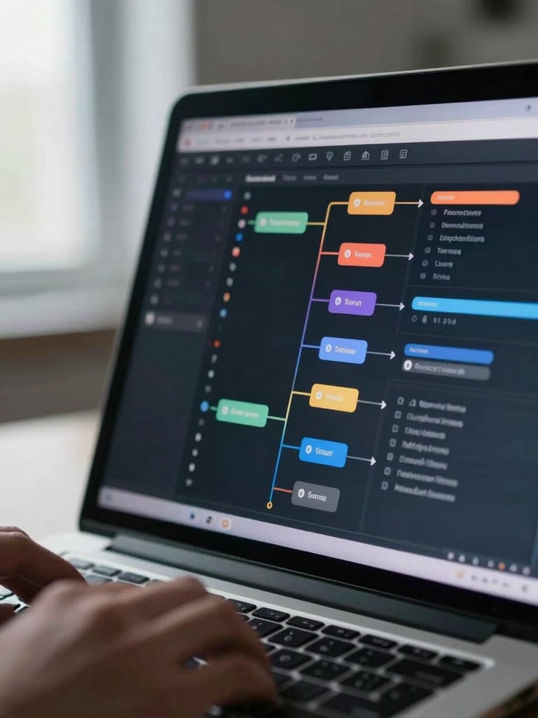 Close-up of a laptop screen displaying an active workflow automation interface with status nodes and data pipelines, cool window light from the left, hands resting on keyboard just visible at the bottom edge