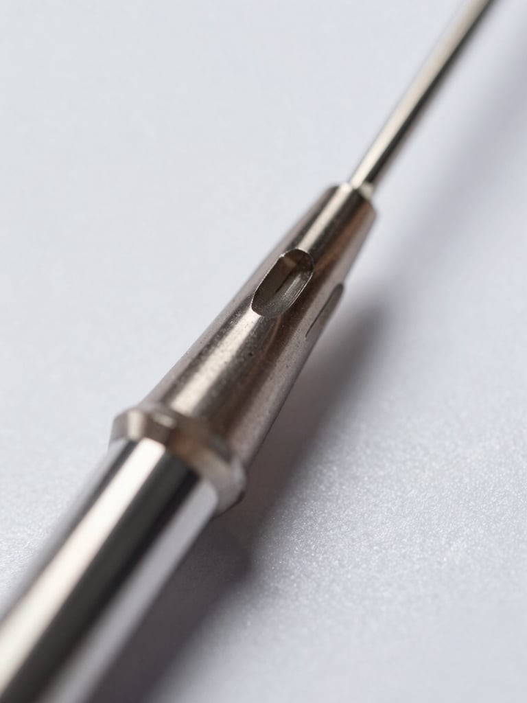 Extreme close-up macro shot of a sterile medical needle bevel, cool shadowless clinical white light, steel texture reflecting precision engineering.