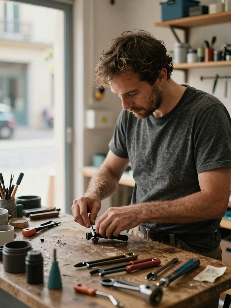 Straightforward eye-level shot of a local bicycle mechanic working in a sunlit neighborhood workshop in France, natural ambient daylight, focus on hands and tools, unpolished authentic setting.