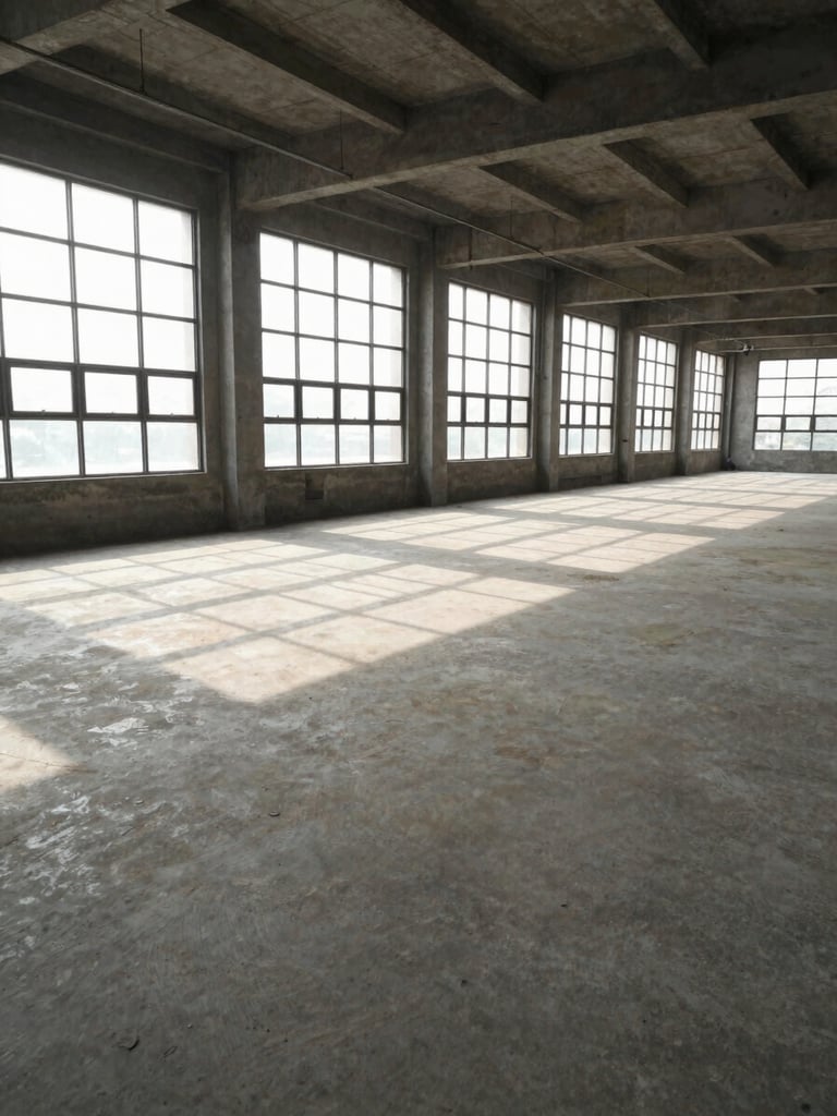 Interior of a large vacant commercial floor in India, natural daylight streaming through tall industrial windows onto bare concrete, structural columns visible, overhead view angle showing empty floor plan, site-visit framing with no people or furnishings, overcast light quality